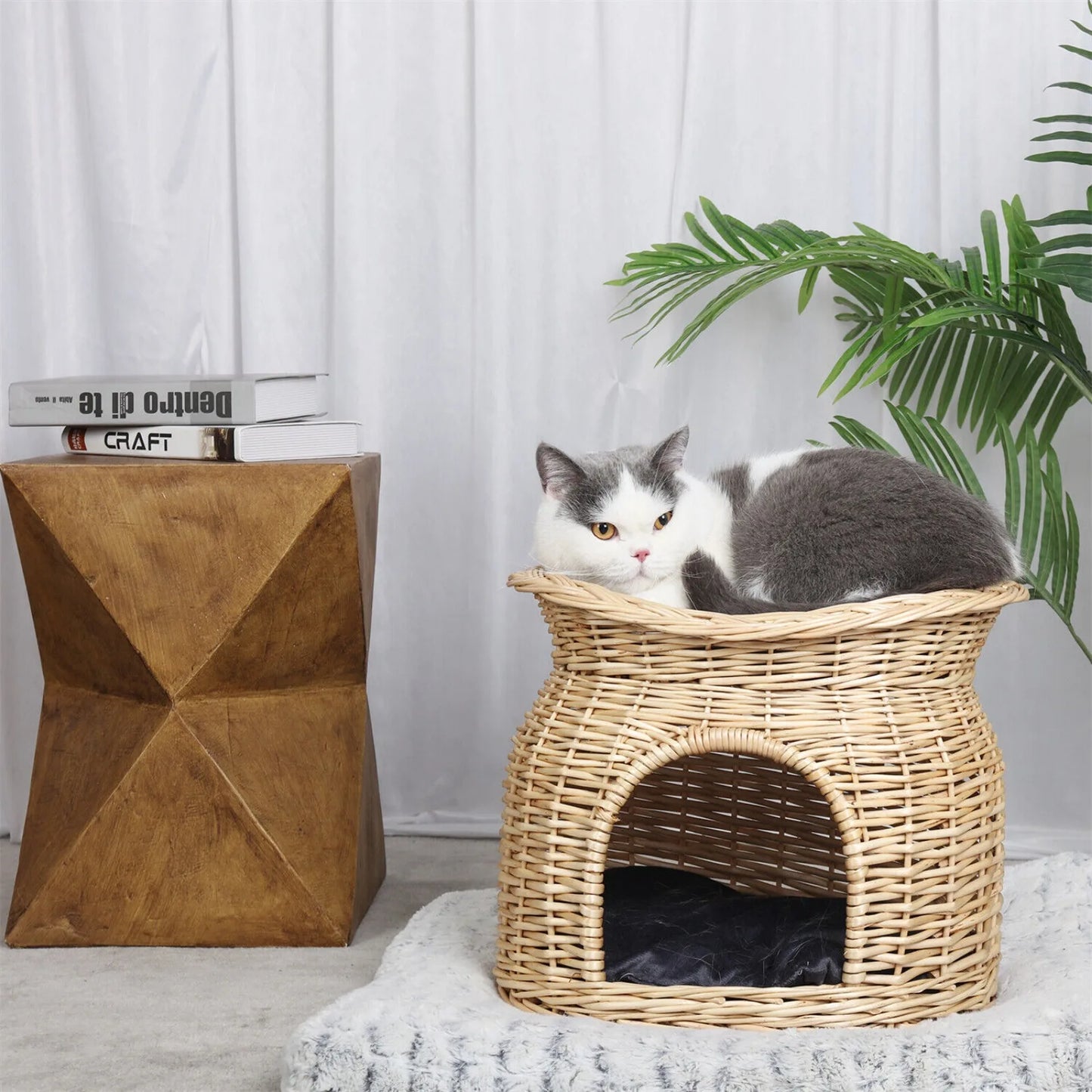 Indoor Hand Woven Pet Basket Cave with Cat Bed,