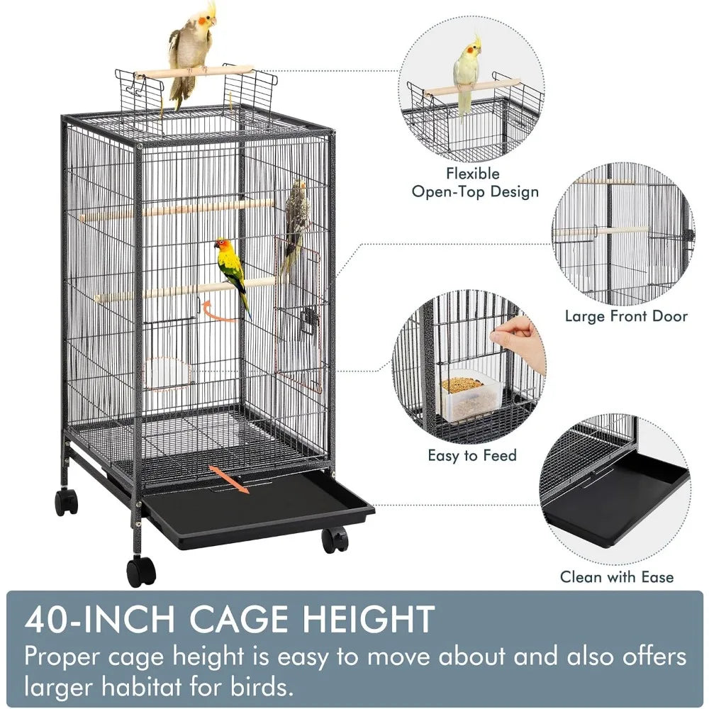 Metal 52" Large Rolling Bird Cage with 3 Perches and 4 Feeders