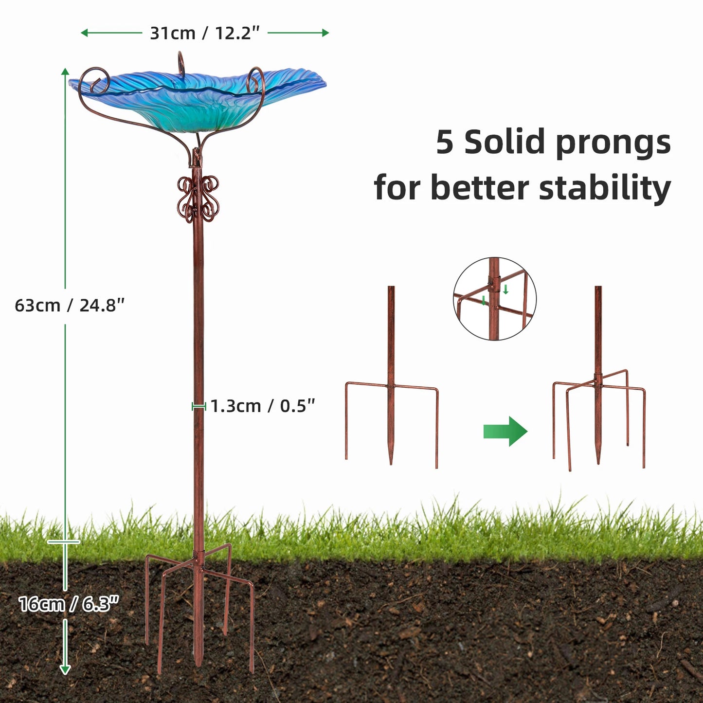 Outdoor Garden Glass Birdbath Fountain 4-Prong Freestanding