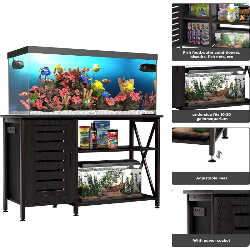 Aquarium Stand with Power Outlets and Cabinet for Storage, Heavy Duty Metal Frame