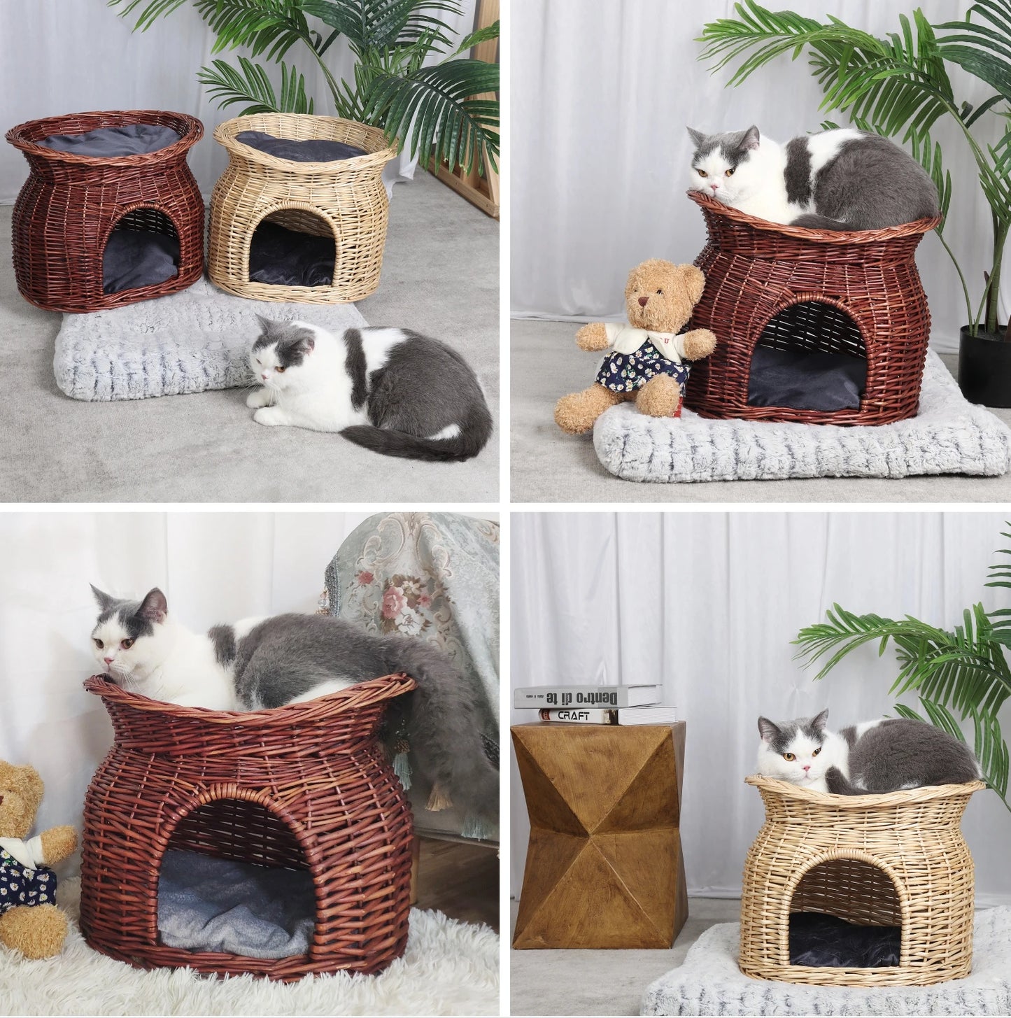 Indoor Hand Woven Pet Basket Cave with Cat Bed,