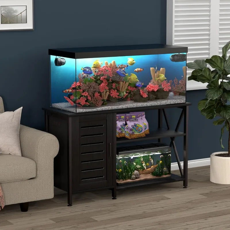 Aquarium Stand with Power Outlets and Cabinet for Storage, Heavy Duty Metal Frame