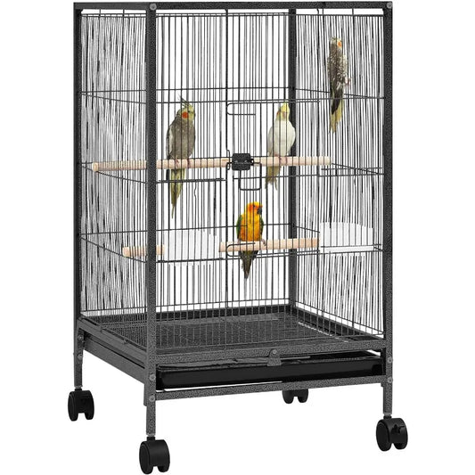 Wrought Iron Bird Cage w/Play Open Top and Rolling Stand for Small Birds