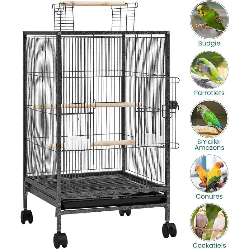 Wrought Iron Bird Cage w/Play Open Top and Rolling Stand for Small Birds