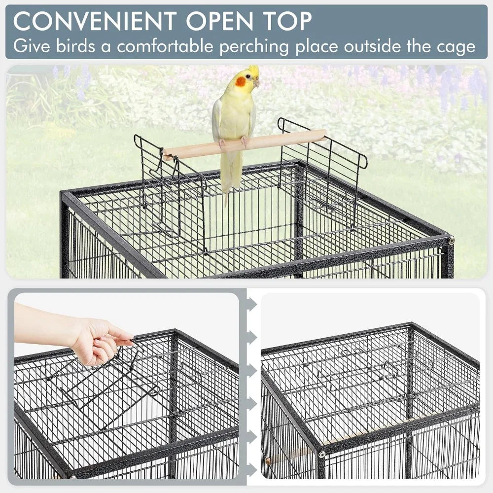 Metal 52" Large Rolling Bird Cage with 3 Perches and 4 Feeders