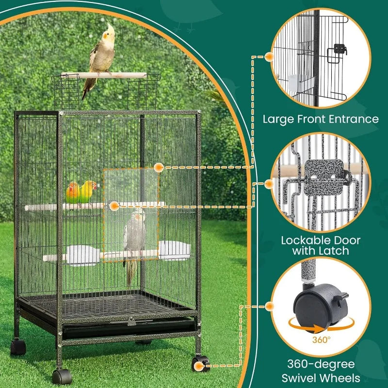 Wrought Iron Bird Cage w/Play Open Top and Rolling Stand for Small Birds