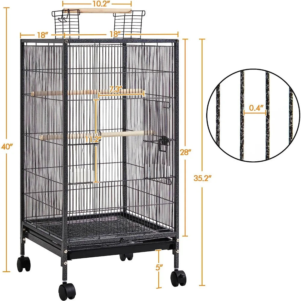 Metal 52" Large Rolling Bird Cage with 3 Perches and 4 Feeders