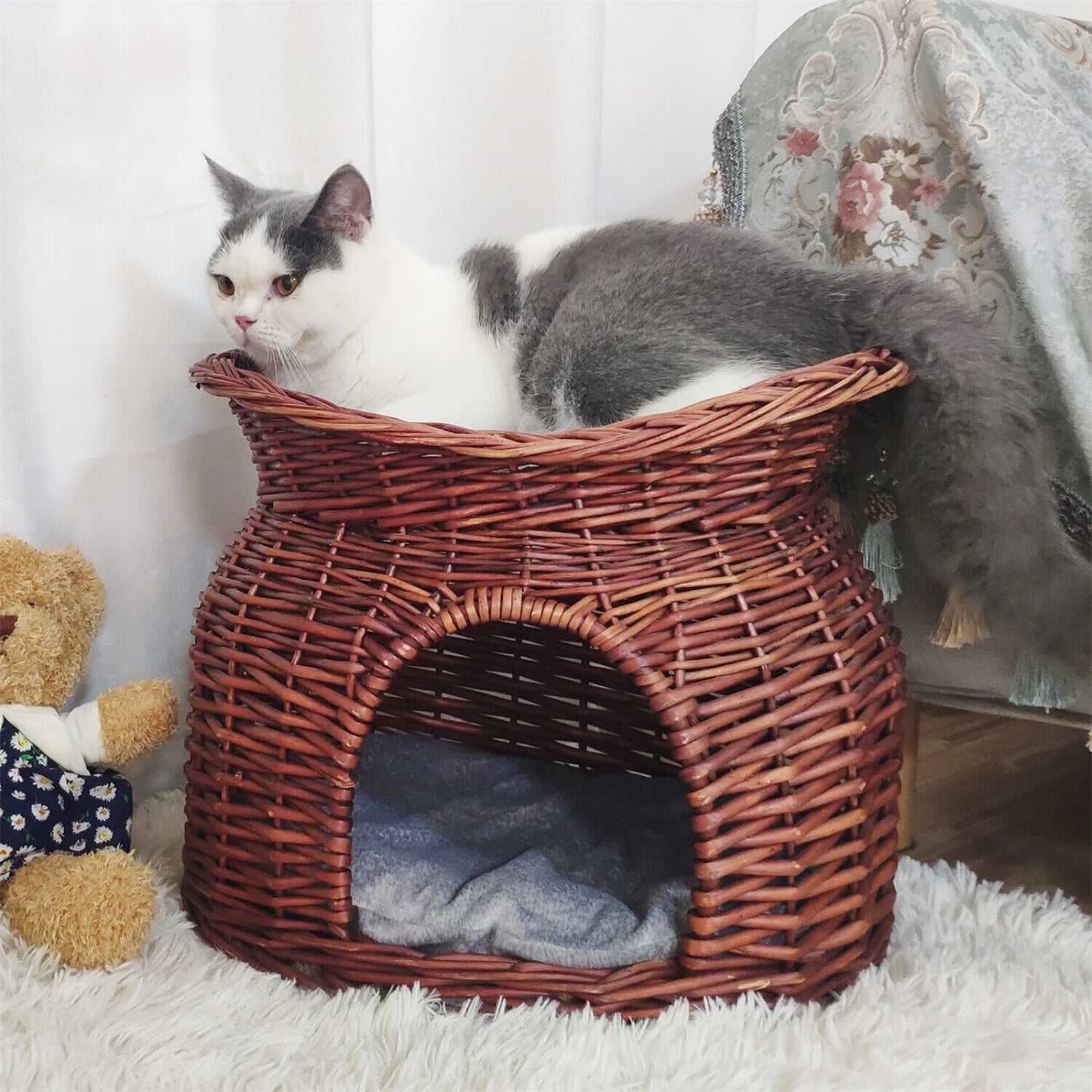 Indoor Hand Woven Pet Basket Cave with Cat Bed,