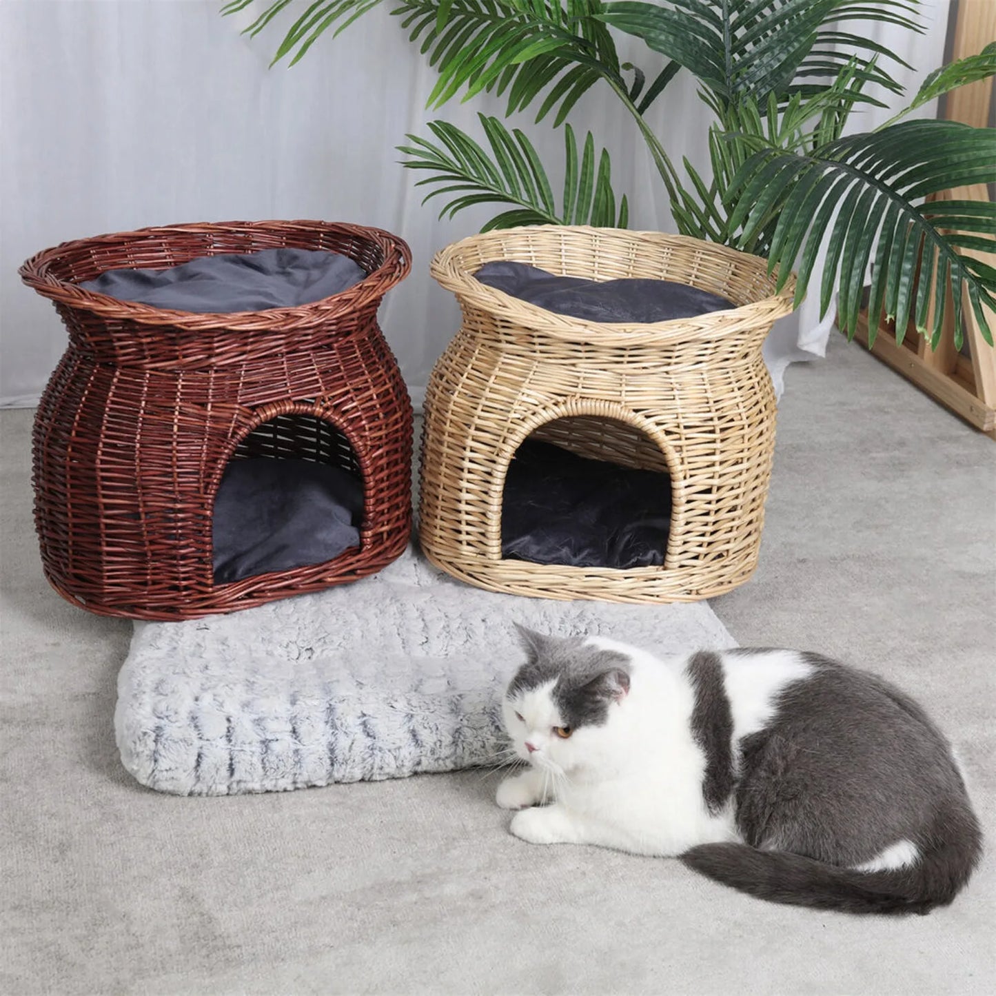 Indoor Hand Woven Pet Basket Cave with Cat Bed,