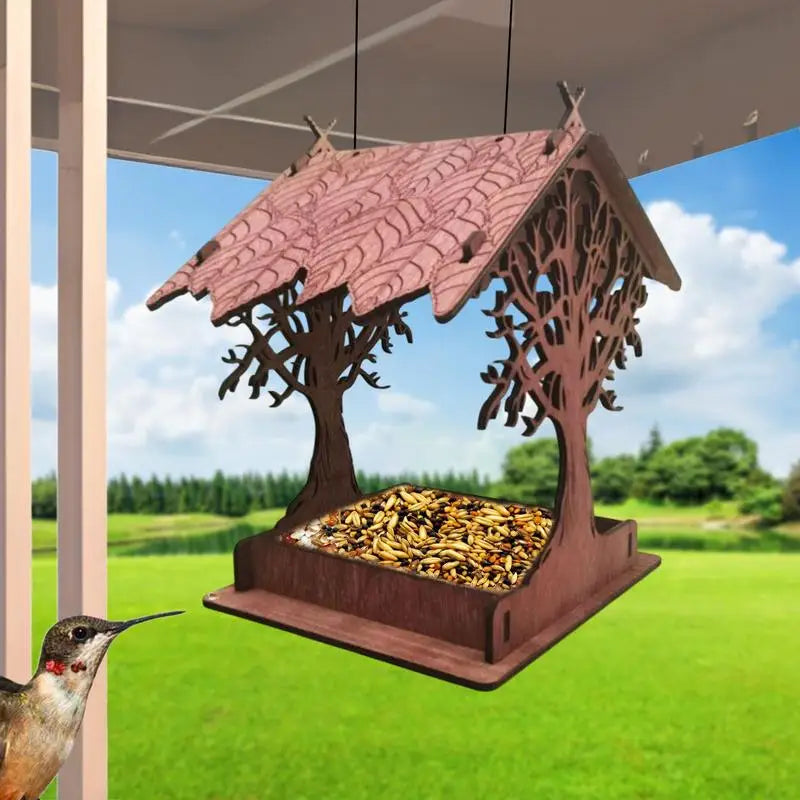 Wooden Hanging Bird Feeder Cottage For Outdoors Blue Jays Cardinals Woodpeckers Easy Fill