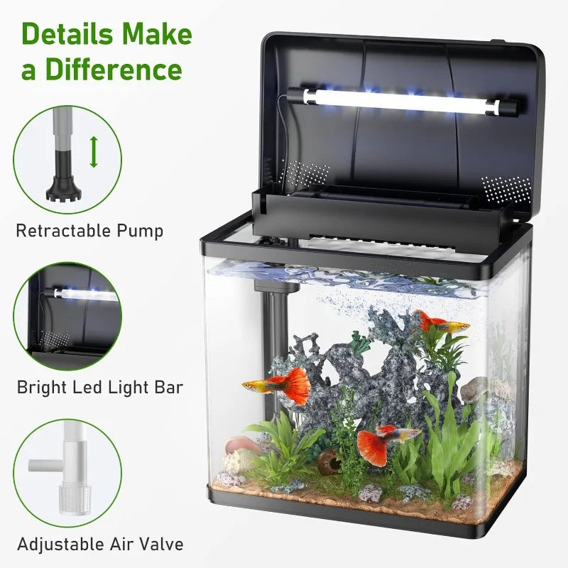 Glass Aquarium with Air Pump, LED Cool Lights, Betta Fish Starter Kit